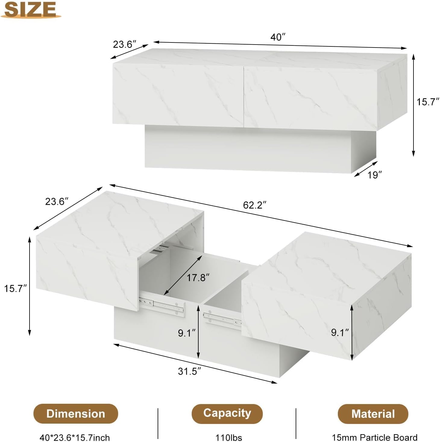 HedoAjim White Marble Coffee Table with Large Storage, Farmhouse Center Table for Living Room Mesas De Centro para Salas Modernas Nesting Modern Coffee Table for Reception Room