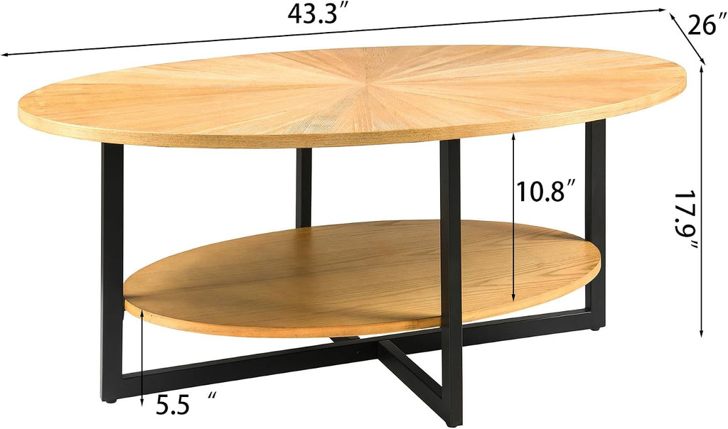 Solid Wood Oval Coffee Table with Cross Metal Legs, 43.3in Modern Industrail Center Table with Open Shelf Cocktail Tea Table for Living Room Bedroom, Natural Wood Color KFZ-1811-OA