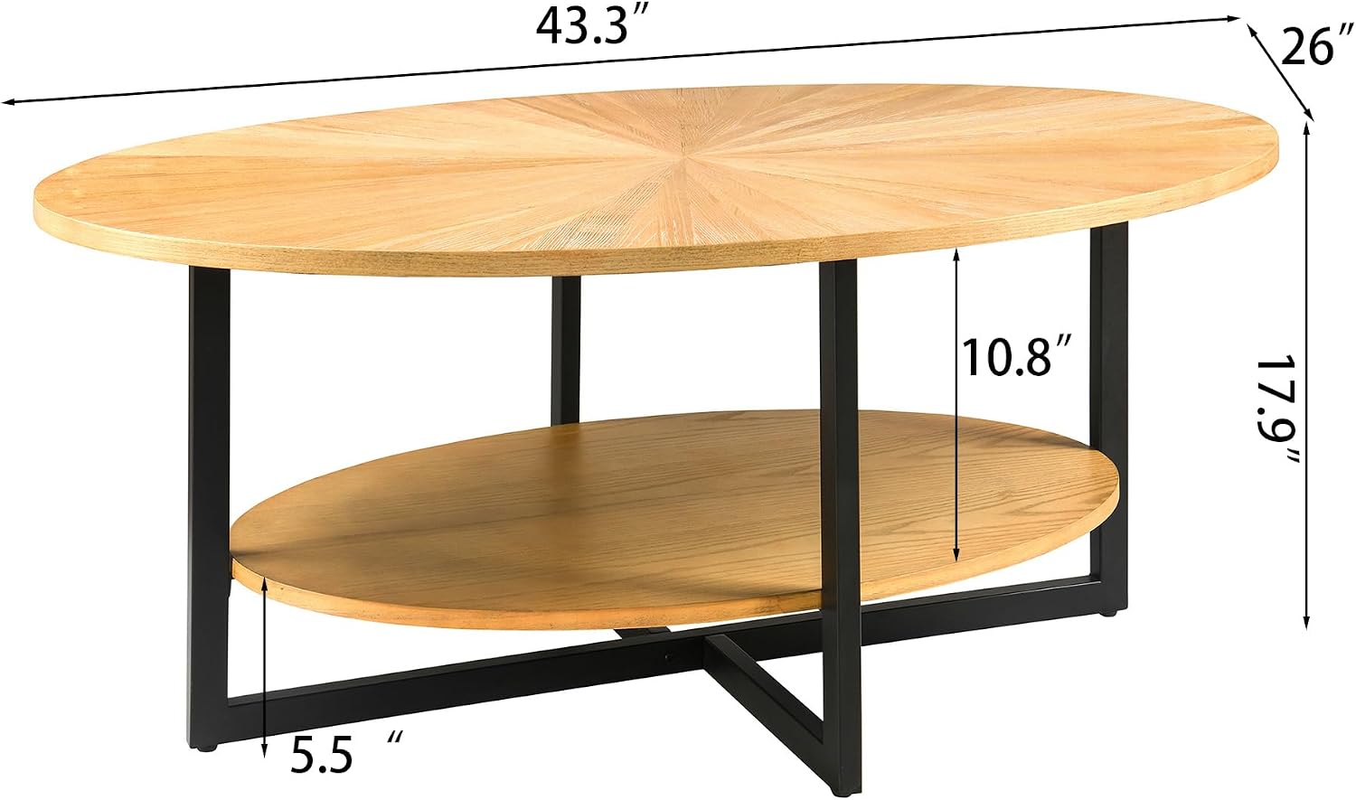 Solid Wood Oval Coffee Table with Cross Metal Legs, 43.3in Modern Industrail Center Table with Open Shelf Cocktail Tea Table for Living Room Bedroom, Natural Wood Color KFZ-1811-OA