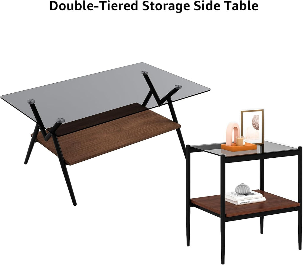 ODUSE-DAILY Coffee Table and End Table 3 Piece Living Room Set, Black Metal Frame Glass Top End Tables, Square Top Shelf, Sofa or Couch Side Tables, Mesa de Centro para Sala (3 Pcs)