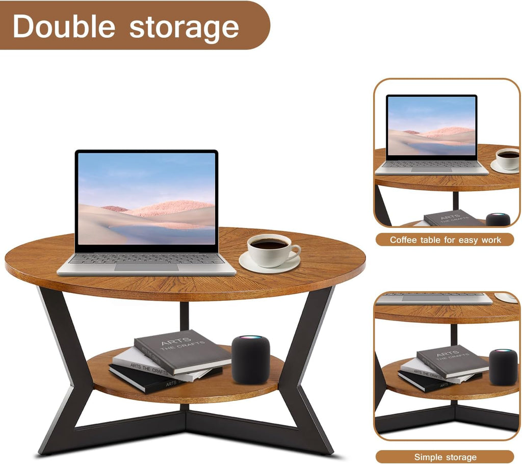 Round Coffee Table, Wood Circle Coffee Table with 2-Tier Storage, Center Table for Living Room Bedroom Office Apartment, Easy Assembly, 35'x 18' Inches, Espresso