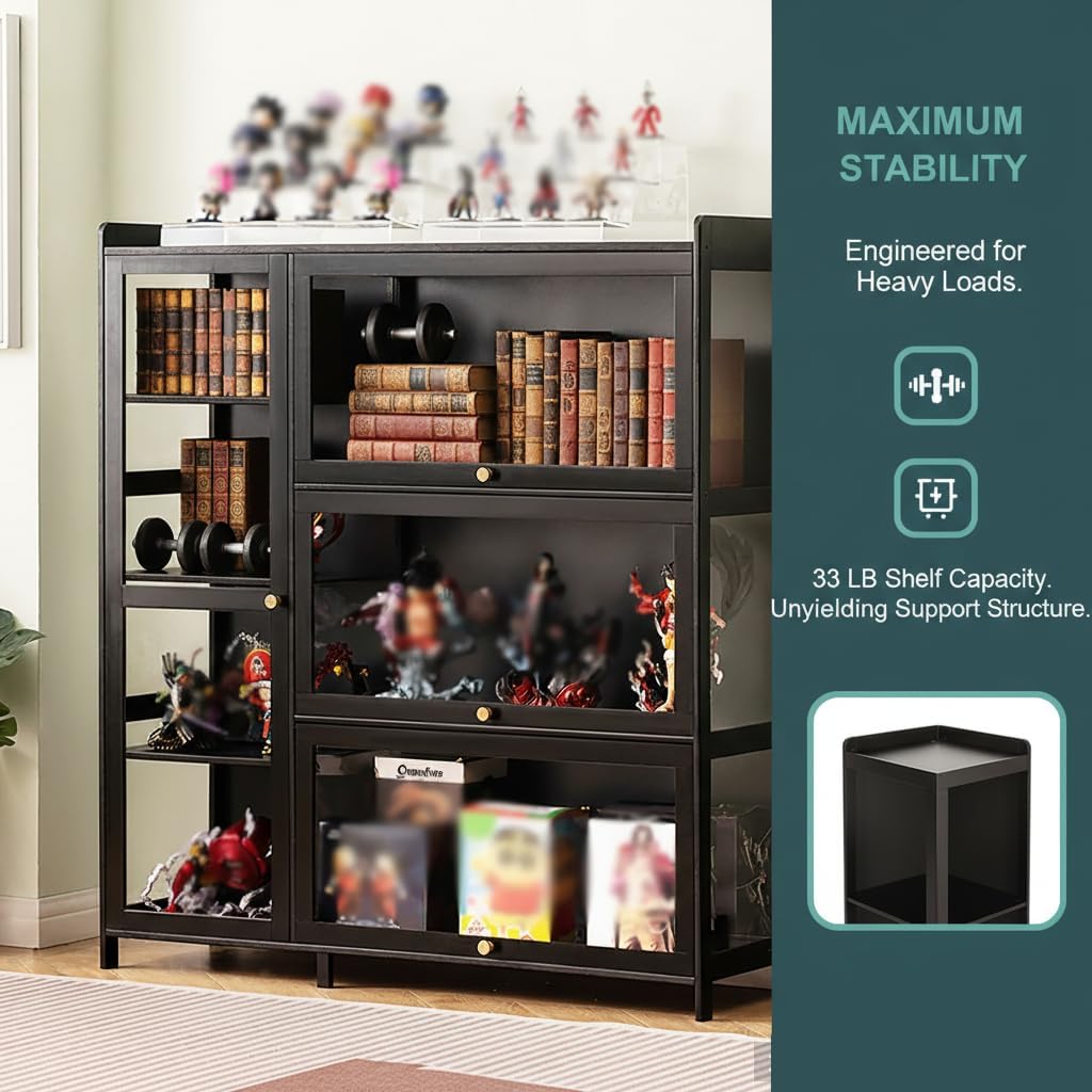 Display Cabinet with Acrylic Doors, 7 Storage Spaces Storage Cabinet & Curio Cabinet with Clear Acrylic Doors, Modern Black Bamboo & Composite Wood for Collectibles, Kitchen, Living Room