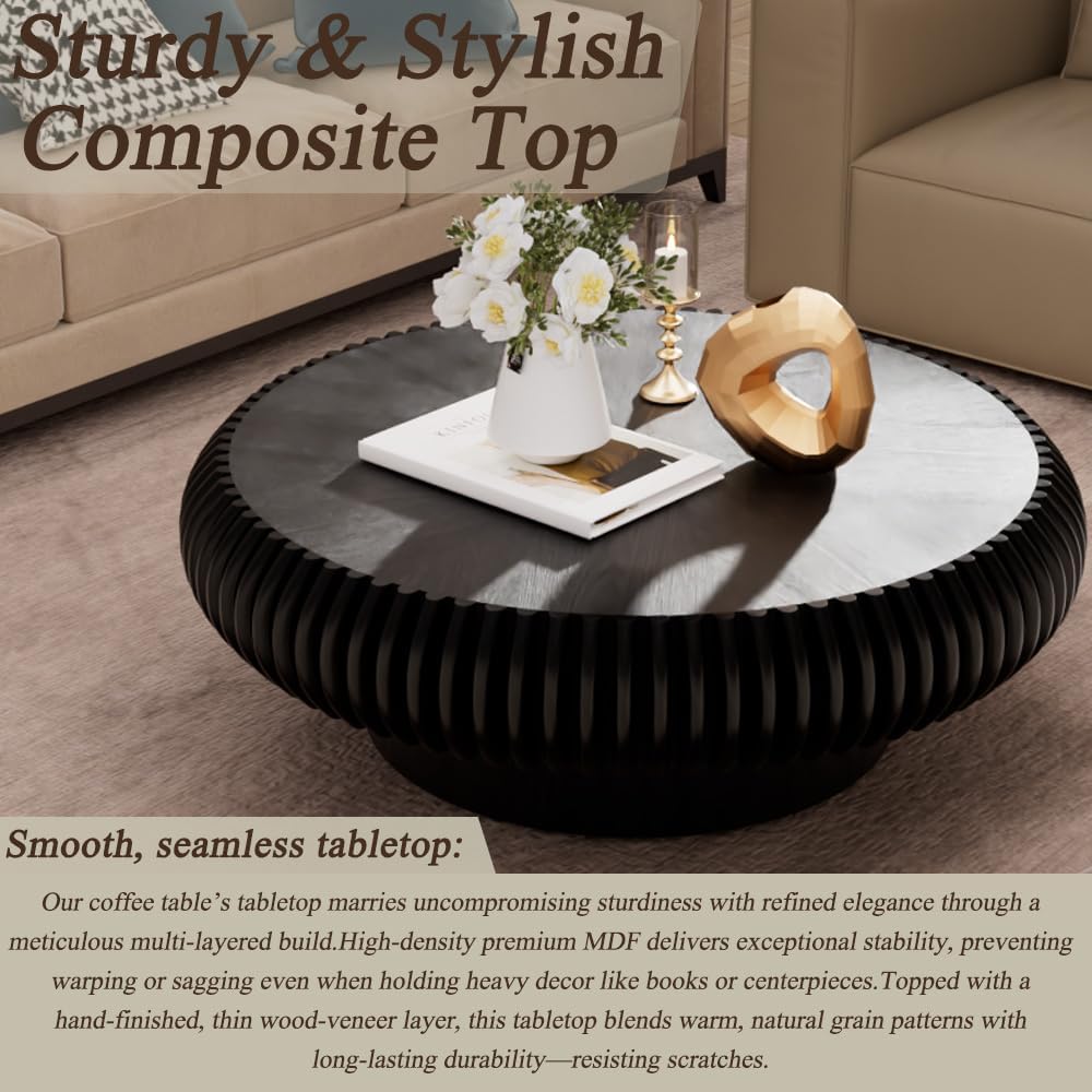 Round Coffee Table for Living Room Modern Solid Wood Fluted Design Coffee Tables with Sturdy Pedestal for Small Space Circle Center Table Accent Tea Table for Apartment, Easy Assemble (Black, 39.4)