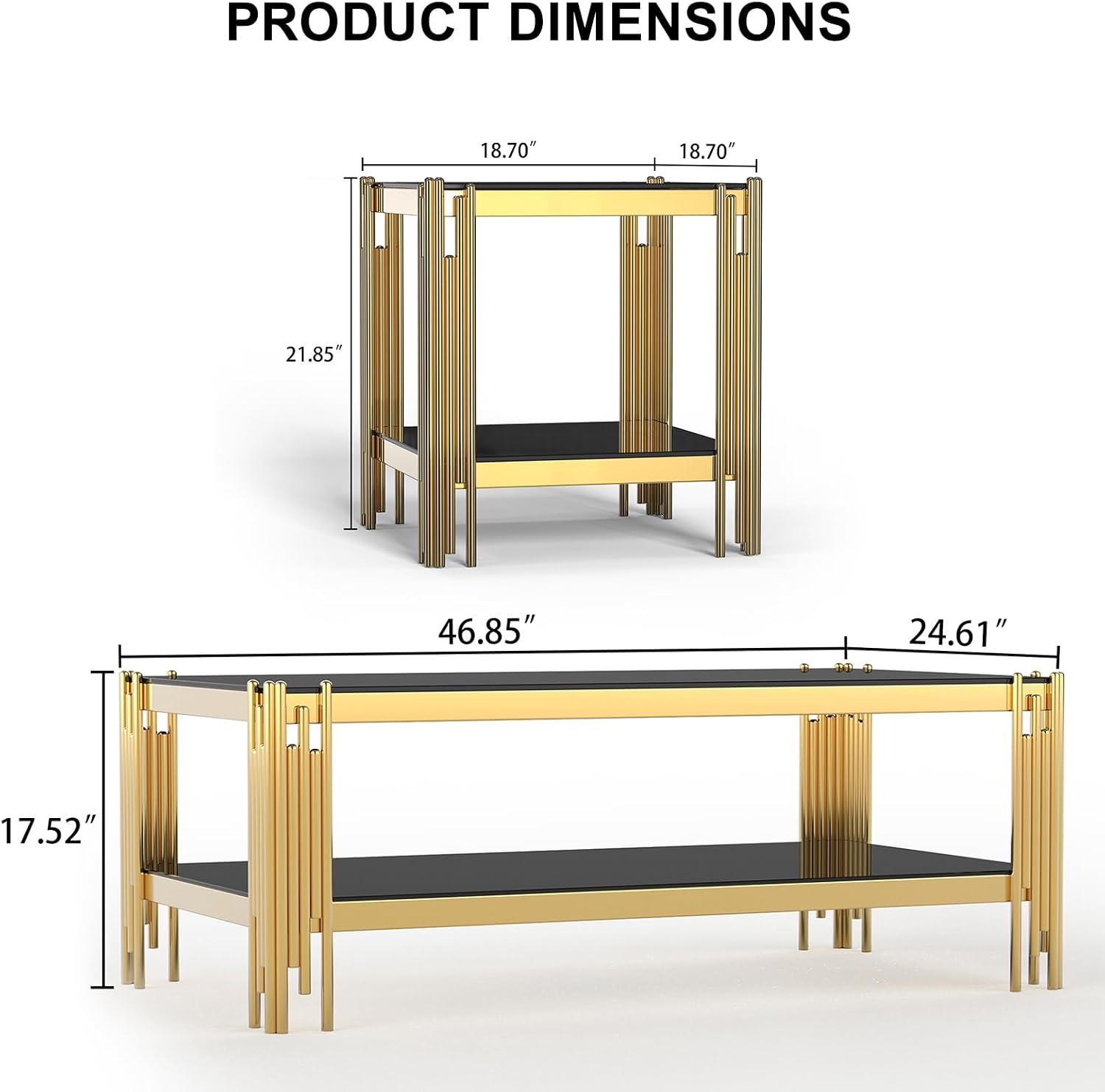 SSLine 2-Piece Living Room Table Set, Modern Black Glass Coffee Table with 1 End Table, Luxury Rectangle 2-Tier Storage Coffee Table Set with Gold Stainless Steel Frame for Living Room