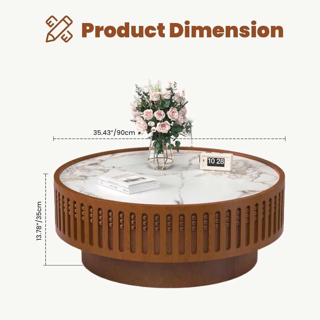 35.43' Round Coffee Table with Sintered Stone Tabletop, Modern Drum Fluted Center Table, Unique Circle Wood Coffee Table for Living Room Small Spaces (Walnut, 35.43' Sintered Stone Tabletop)
