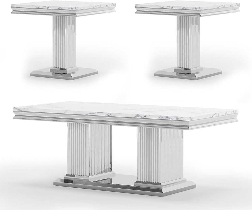 3 Pieces Coffee Table Set, Faux Marble Living Room Table Set of 3, Modern Coffee Table and 2 End Tables with Column-Shaped Stainless Steel Base for Living Room Office (White Silver)