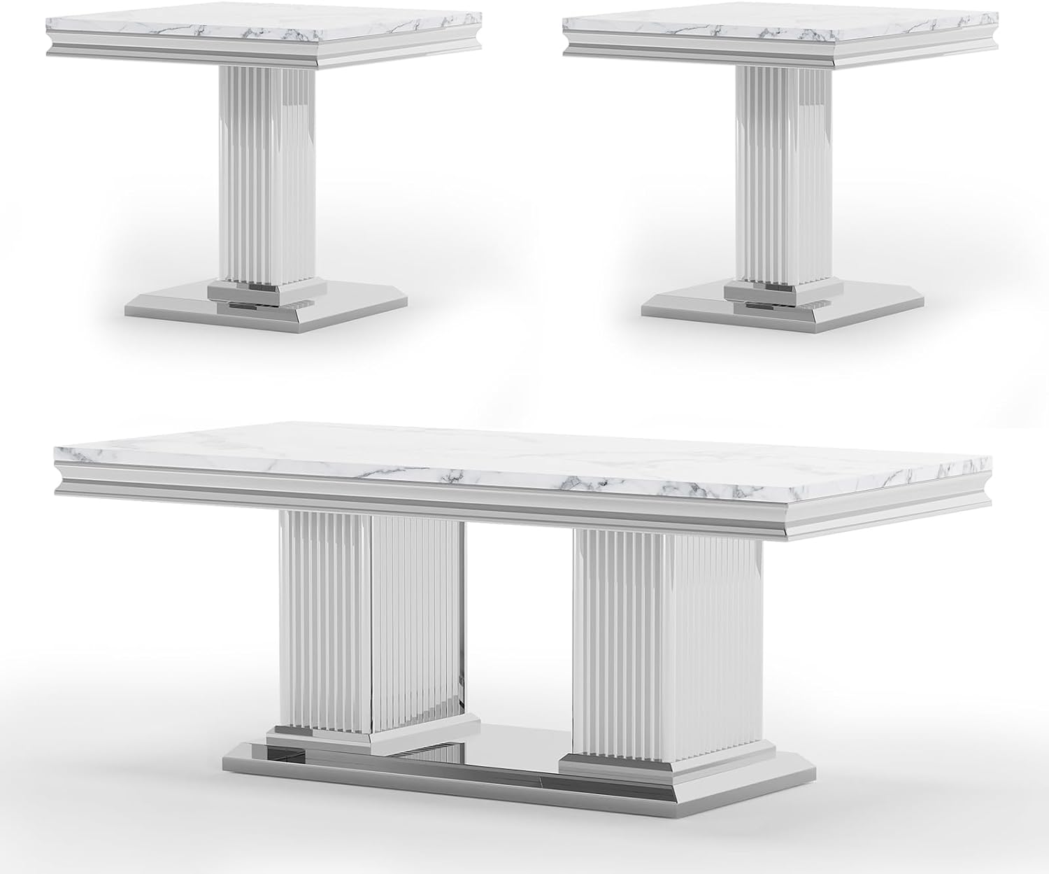 3 Pieces Coffee Table Set, Faux Marble Living Room Table Set of 3, Modern Coffee Table and 2 End Tables with Column-Shaped Stainless Steel Base for Living Room Office (White Silver)