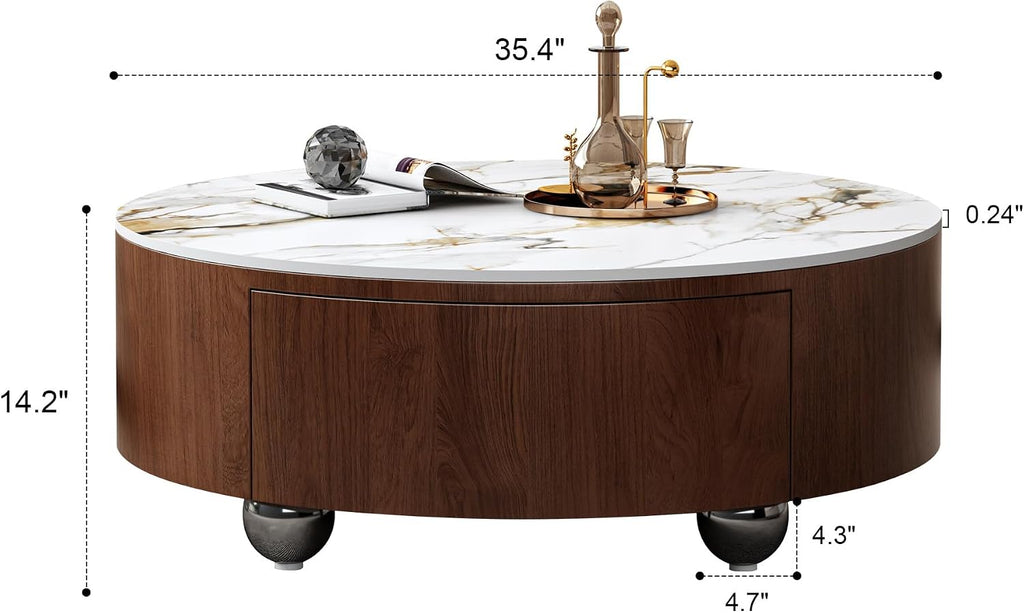 35.4'' Sintered Stone Round Coffee Table with 2 Drawer Storage Space, Modern Wood Circle Drum Coffee Table for Living Room, Stainless Legs, Brown & White