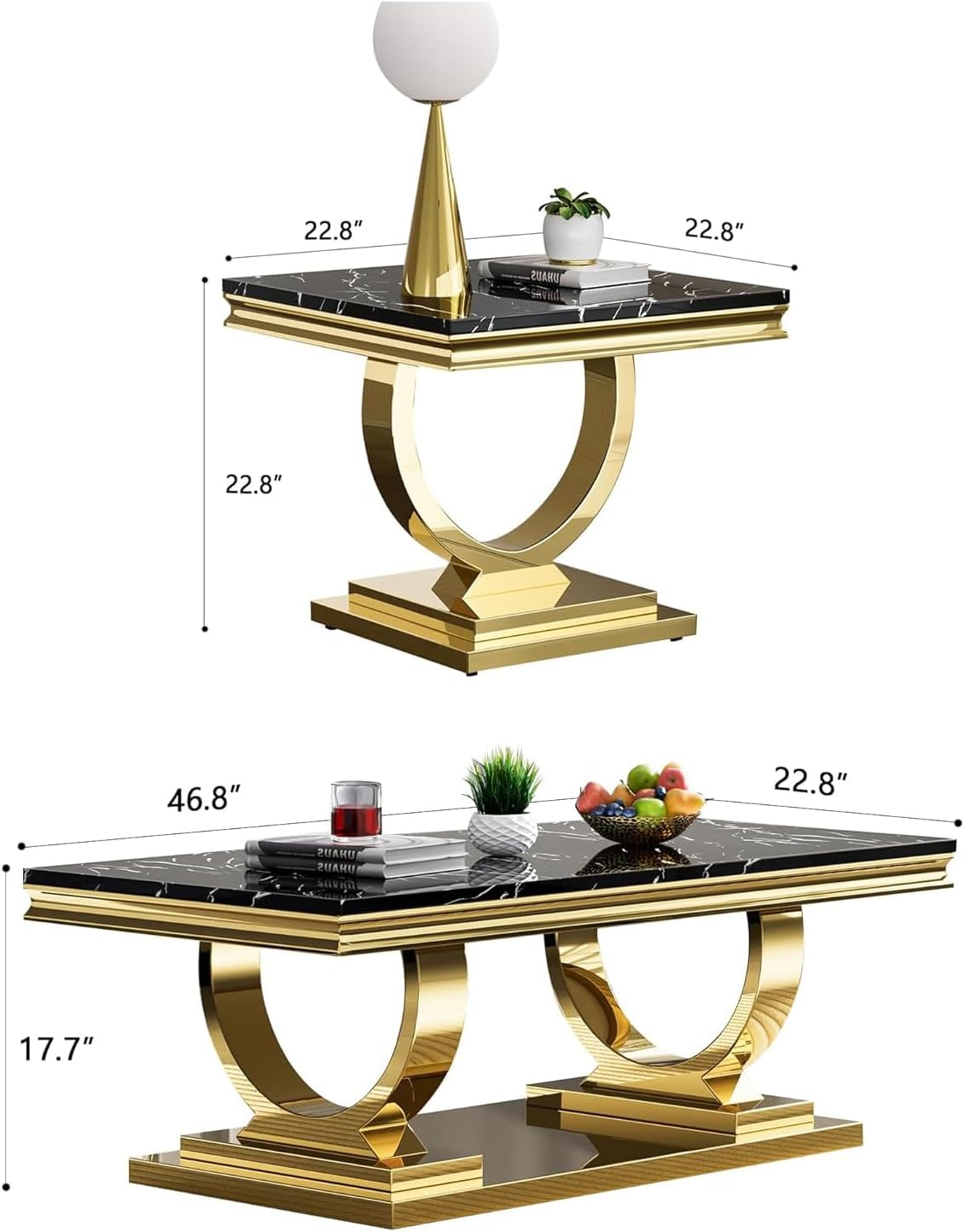 Henf 3 Piece Living Room Table Set, Faux Marble Coffee Table & 2 End Tables, Luxury Black Gold Coffee Table and End Table Set of 3 with Mirrored Stainless Steel Base for Living Room Apartment