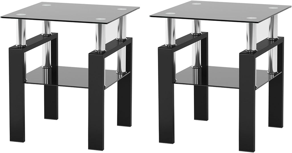 Glass Coffee Table Set of 3, 3-Piece Living Room Tables with Tempered Glass and Metal Frame, Coffee and End Table Sets, Black