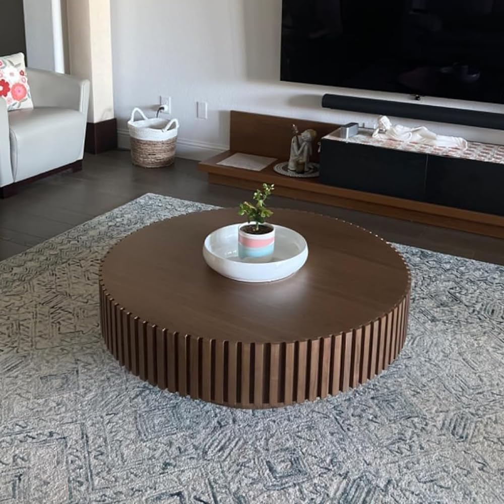 WILLIAMSPACE 31.49' Walnut Round Coffee Table, Modern Luxury Wood Circle Drum Center Table for Living Room, Accent Side End Tea Table for Apartment, ø31.49'' x 13.77''H (Walnut)