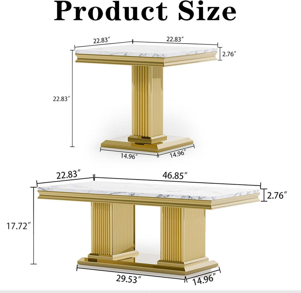 Modern 3 Piece Marble Living Room Table Set, Includes 1 Coffee Table & 2 End Table, Luxury White Faux Marble Coffee Table Set with Gold Column-Shaped Stainless Steel Base for Home Office