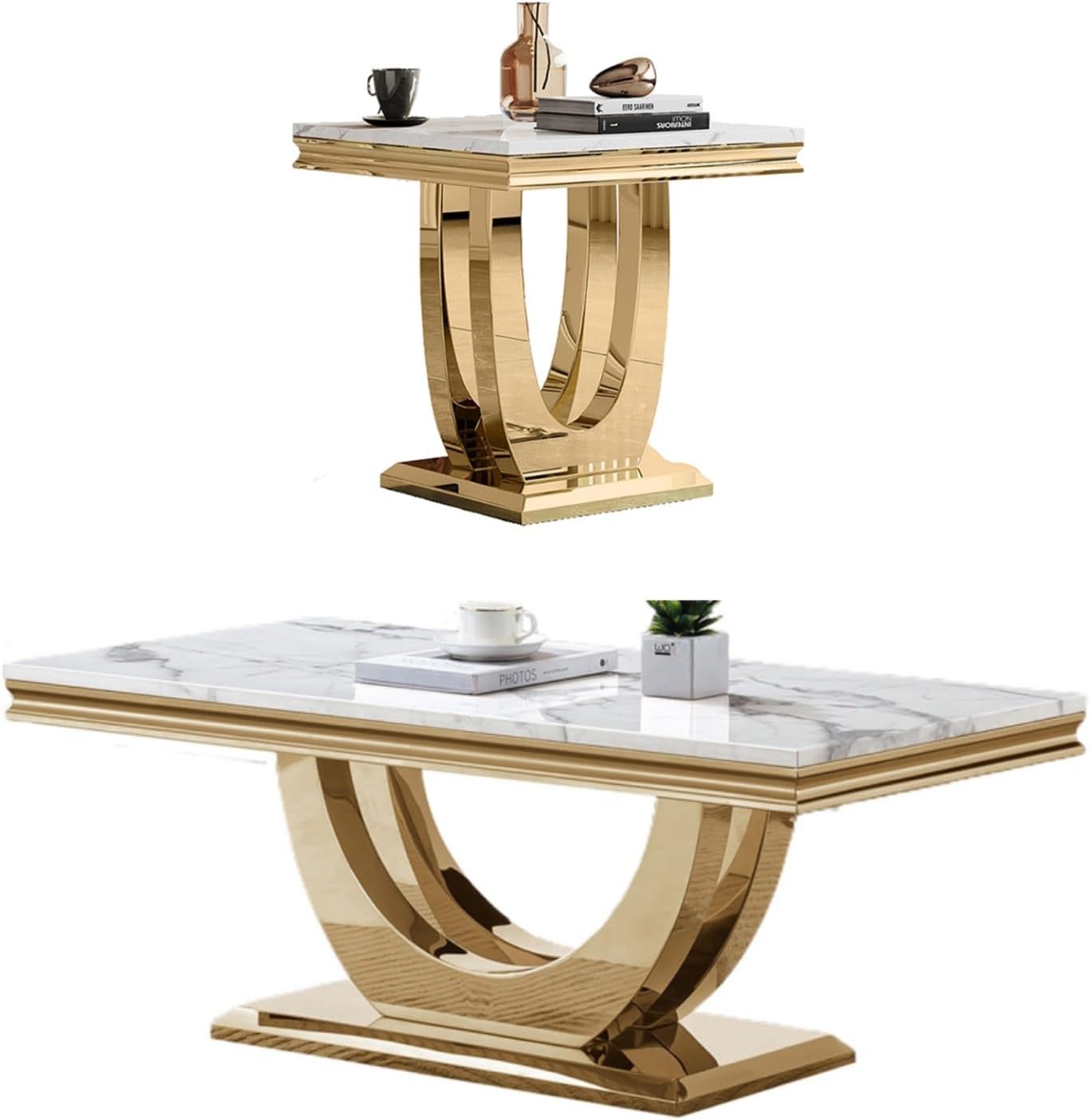 2-Piece Living Room Table Set, Faux Marble Coffee Table Set of 2 with U Stainless Steel Base, White and Gold Coffee and End Table Set, Modern Home Living Furniture
