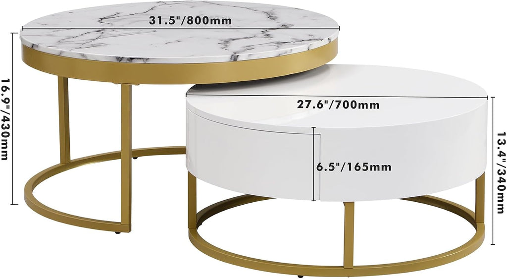 31.5' Round Modern Nesting Coffee Table with Drawers,White