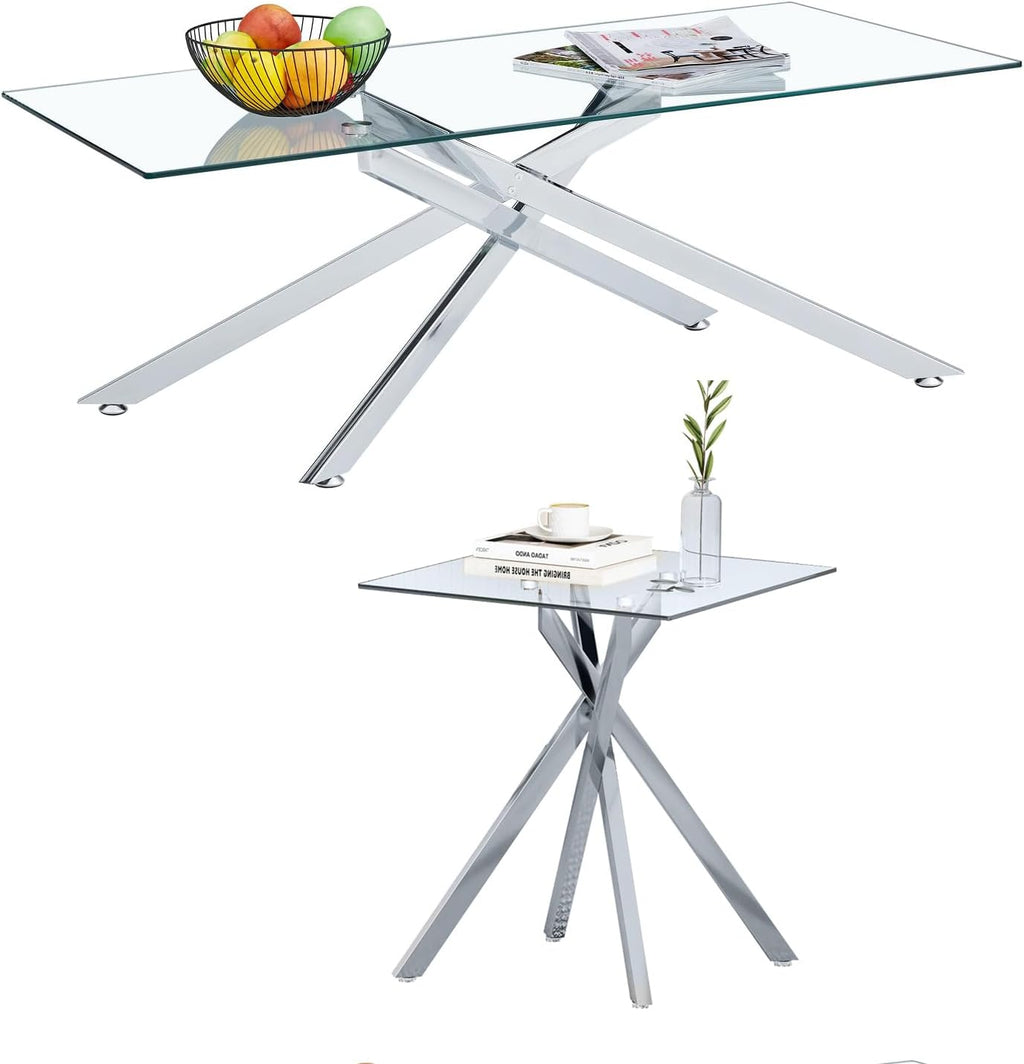 Glass 2 Piece Living Room Table Set,Glass Coffee Table and End Table Sets,Accent Table Sofa Table Sets with X-Designed Metal Legs and Tempered Glass Tabletop for Living Room Furniture (2, Silver)