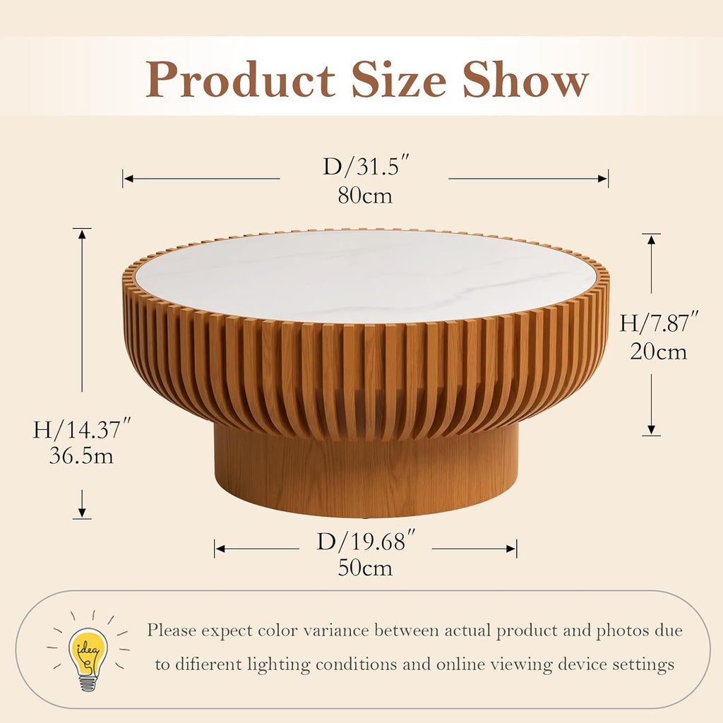 31.5' Round Fluted Coffee Table Unique Contemporary Wood Low Circle Drum Tea Tables with Spacious Rock Slab Tabletop & Sturdy Pedestal for Small Space (K 31.5in)