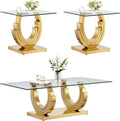 3 Pieces Living Room Table Set, Glass Coffee Table Set of 3, Modern Coffee Table and 2 End Tables with Three U-Shaped Stainless Steel Base for Living Room (Gold)