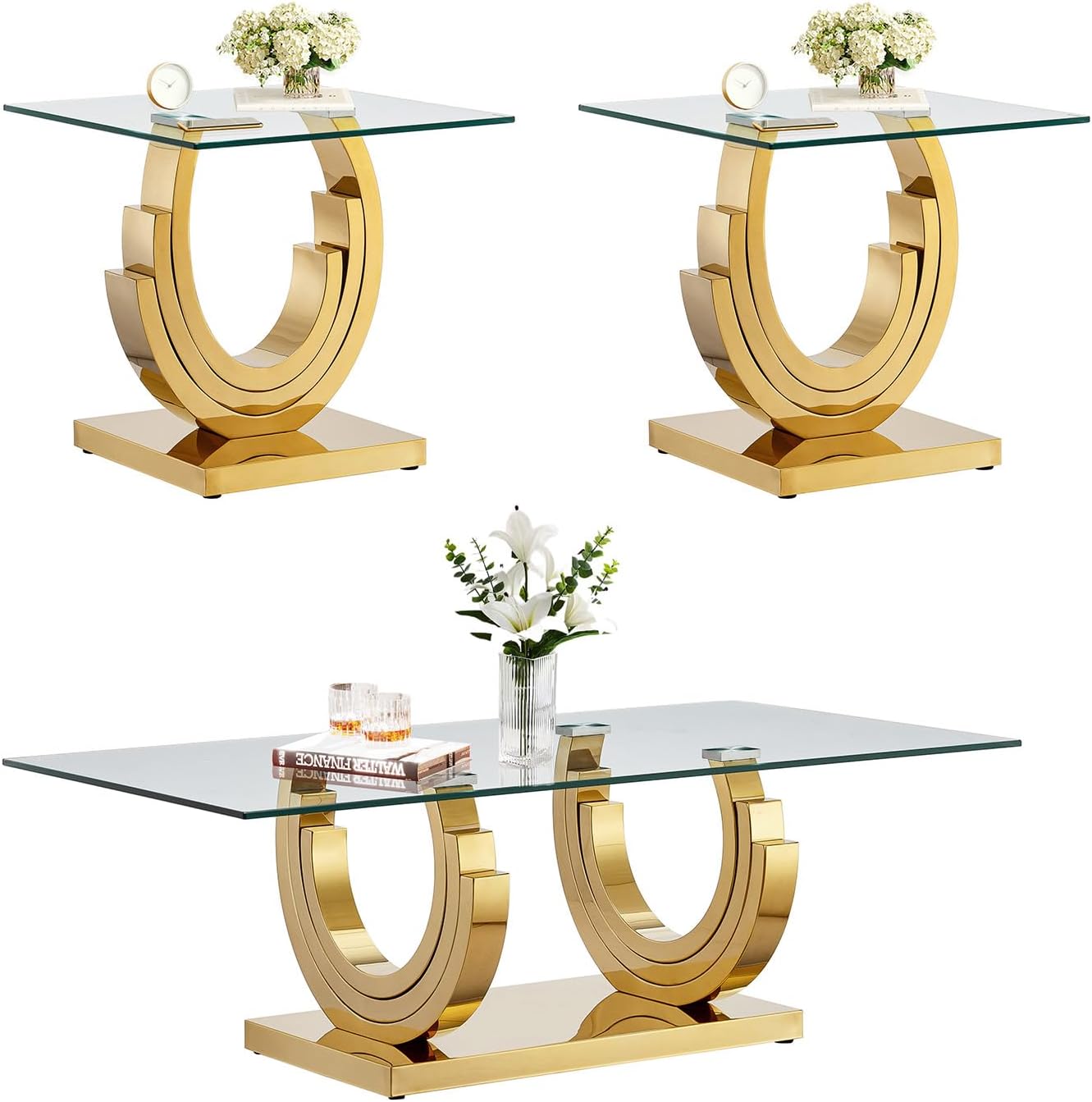 3 Pieces Living Room Table Set, Glass Coffee Table Set of 3, Modern Coffee Table and 2 End Tables with Three U-Shaped Stainless Steel Base for Living Room (Gold)