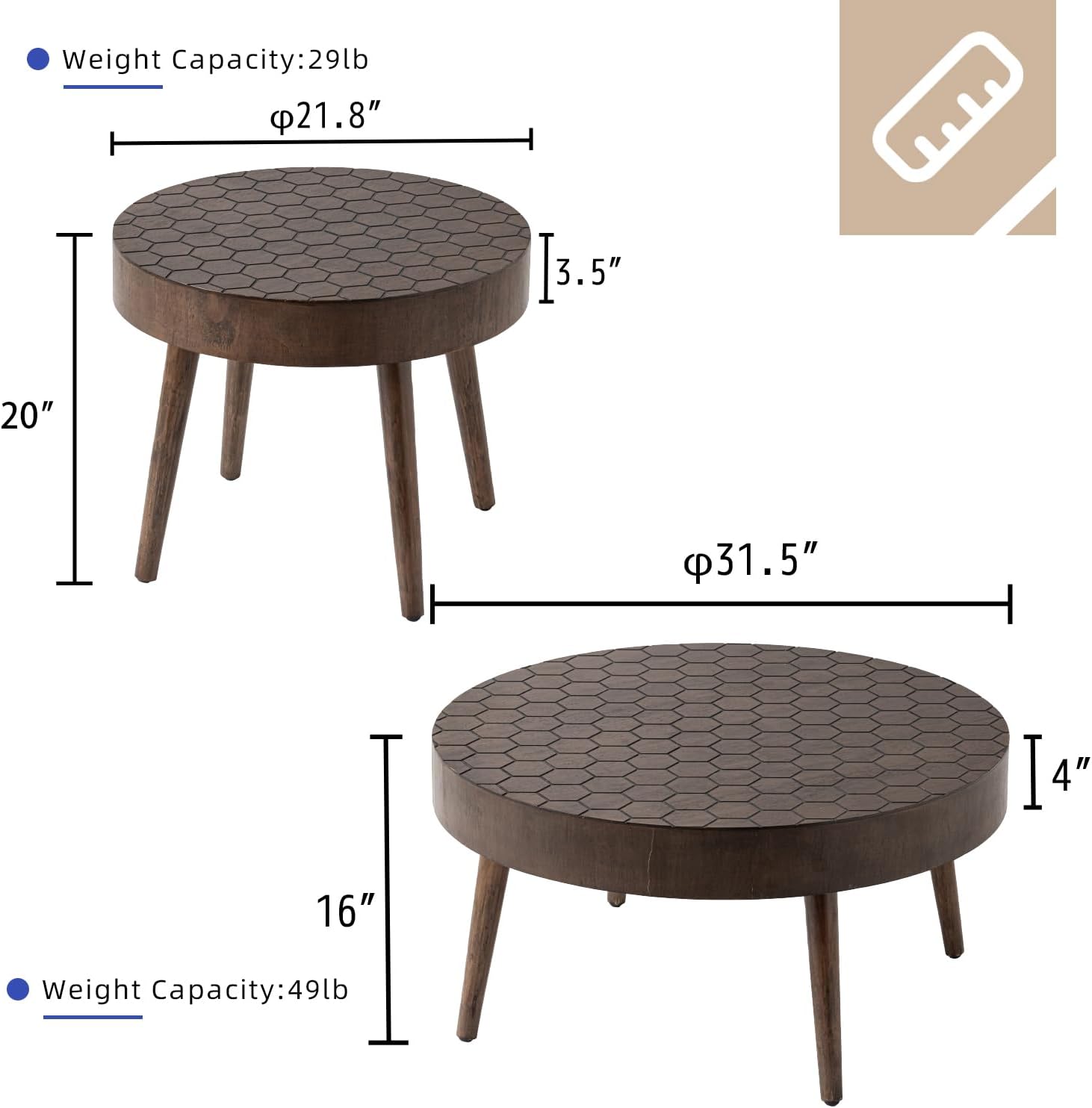 HOMPUS Round Coffee Table, 31.5'' Mid Century Modern Coffee Table Set w Honeycomb Pattern Tabletop, Coffee Table and End Table Set of 2 for Living Room, Easy to Assemble, Brown