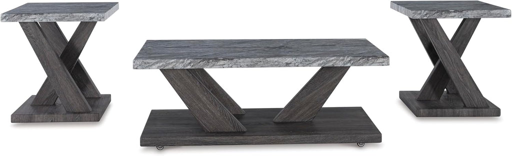 Signature Design by Ashley Bensonale Contemporary Occasional Table Set with Faux Marble Top and Casters, Set of 3, Gray & Dark Brown