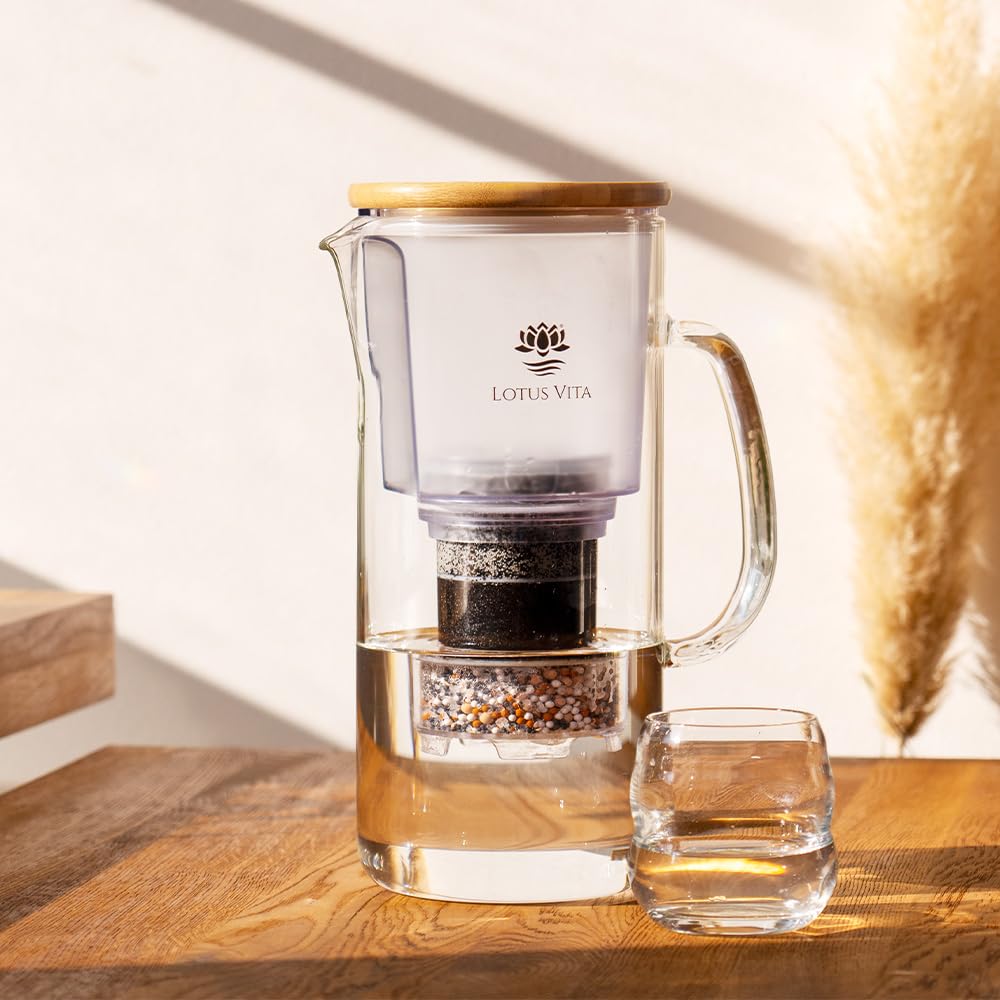 Lotus Vita ENYA Glass Water Filter Pitcher (10-Cups Total) - Removes Impurities, Adds Minerals - BPA Free - Glass & Bamboo Design - Improves Water Quality, Taste, and Drinking Habits