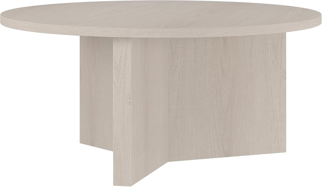 Henn&Hart 36' Round Wood Pedestal Coffee Table for Living Room, Family Room, Office, or Apartment, Beech White