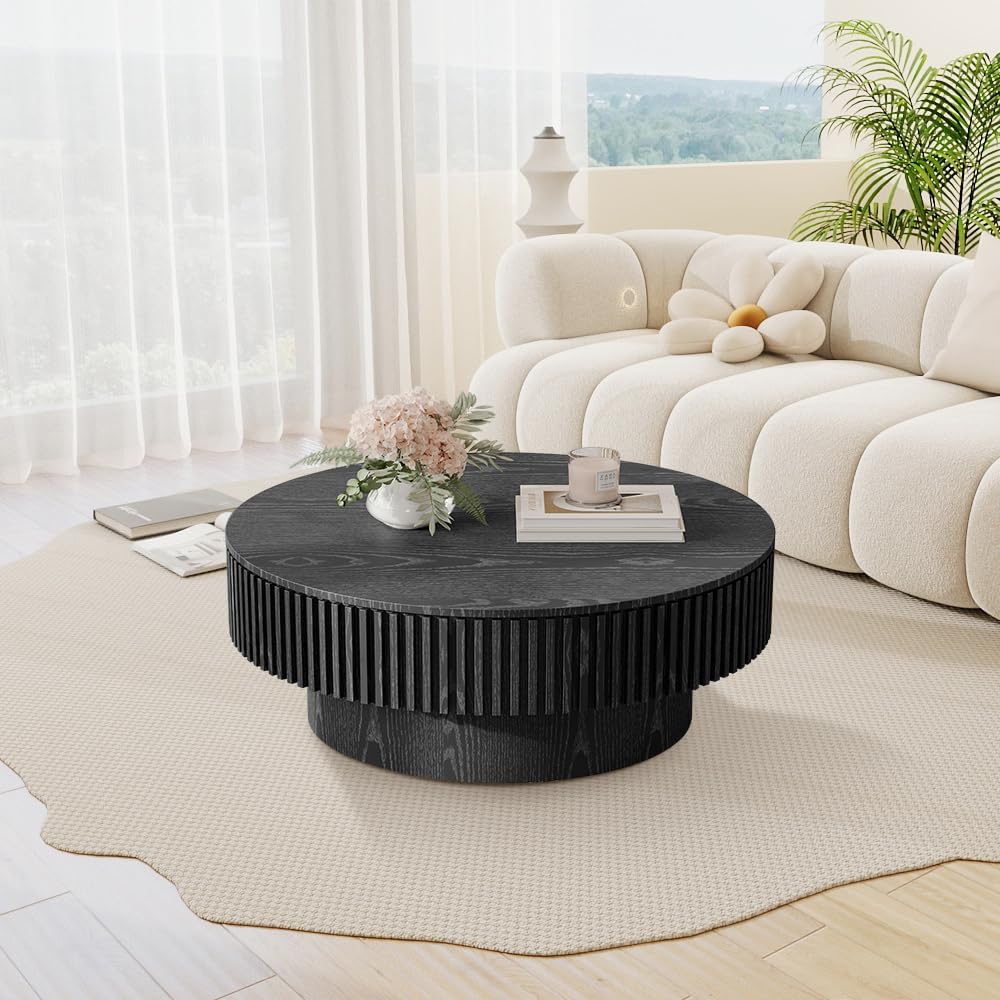 31.5'' Round Coffee Table for Living Room, Fluted Coffee Table with Hidden Storage, Solid Wood Veneered Circle Table, Modern Tea Table for Small Space Apartment (Black)
