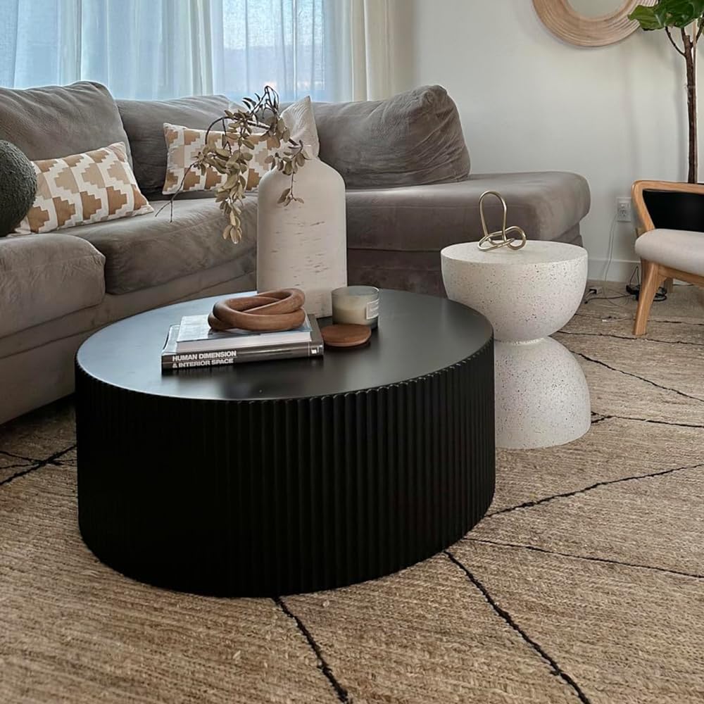 35.43'' Black Round Fluted Coffee Table Wood Circle Coffee Table for Living Room, Modern Contemporary Style, No Assembly, Black