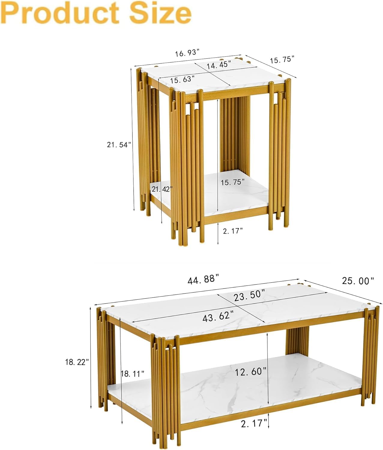 Gold Coffee Table Set of 2, Modern White Faux Marble Coffee Table End Table Set with Gold Metal Frame & Storage Shelf, 2 Piece Living Room Table Set for Apartment Home Office
