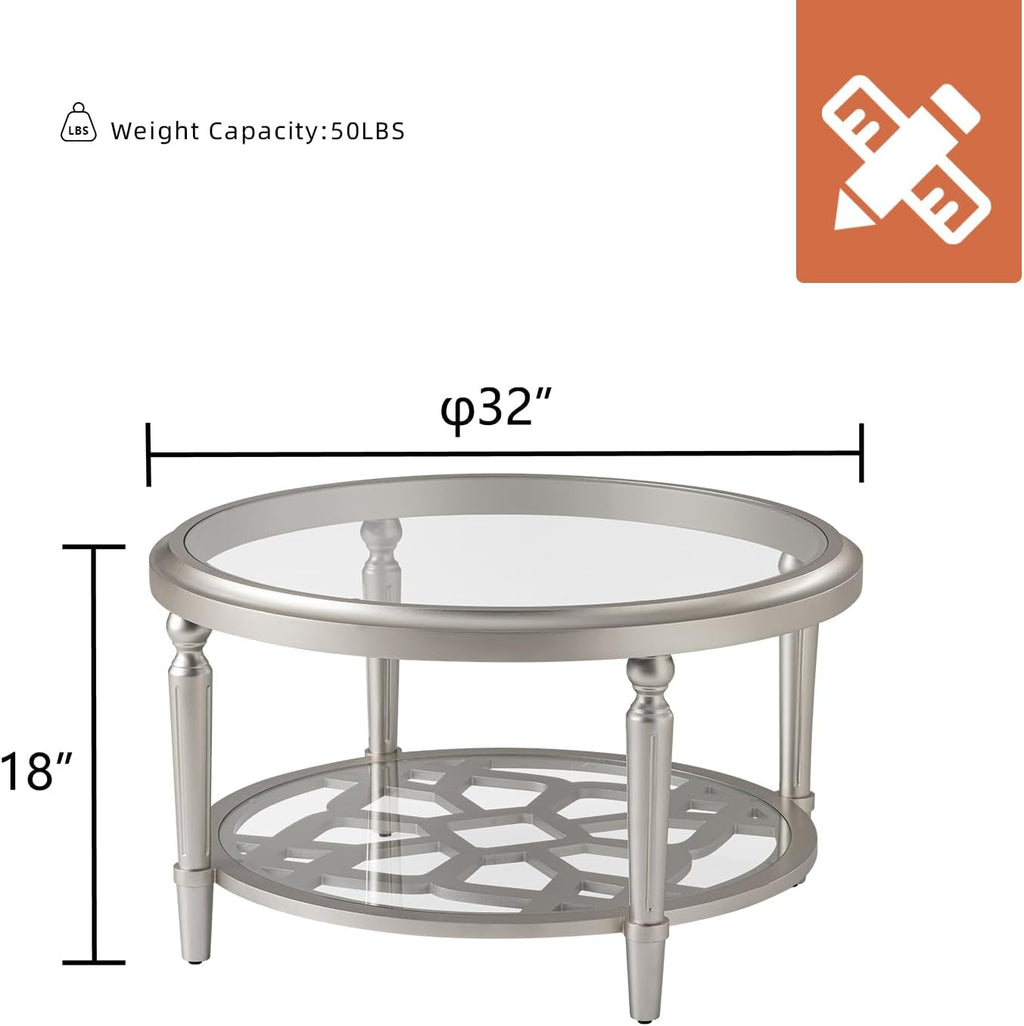 HOMPUS Glass Coffee Table, 32'' Round Coffee Table with Storage Shelf, Modern Unique Coffee Table with Double-Tempered Glass, Living Room End Table for Bedroom, Meeting Room, Fully Assembled