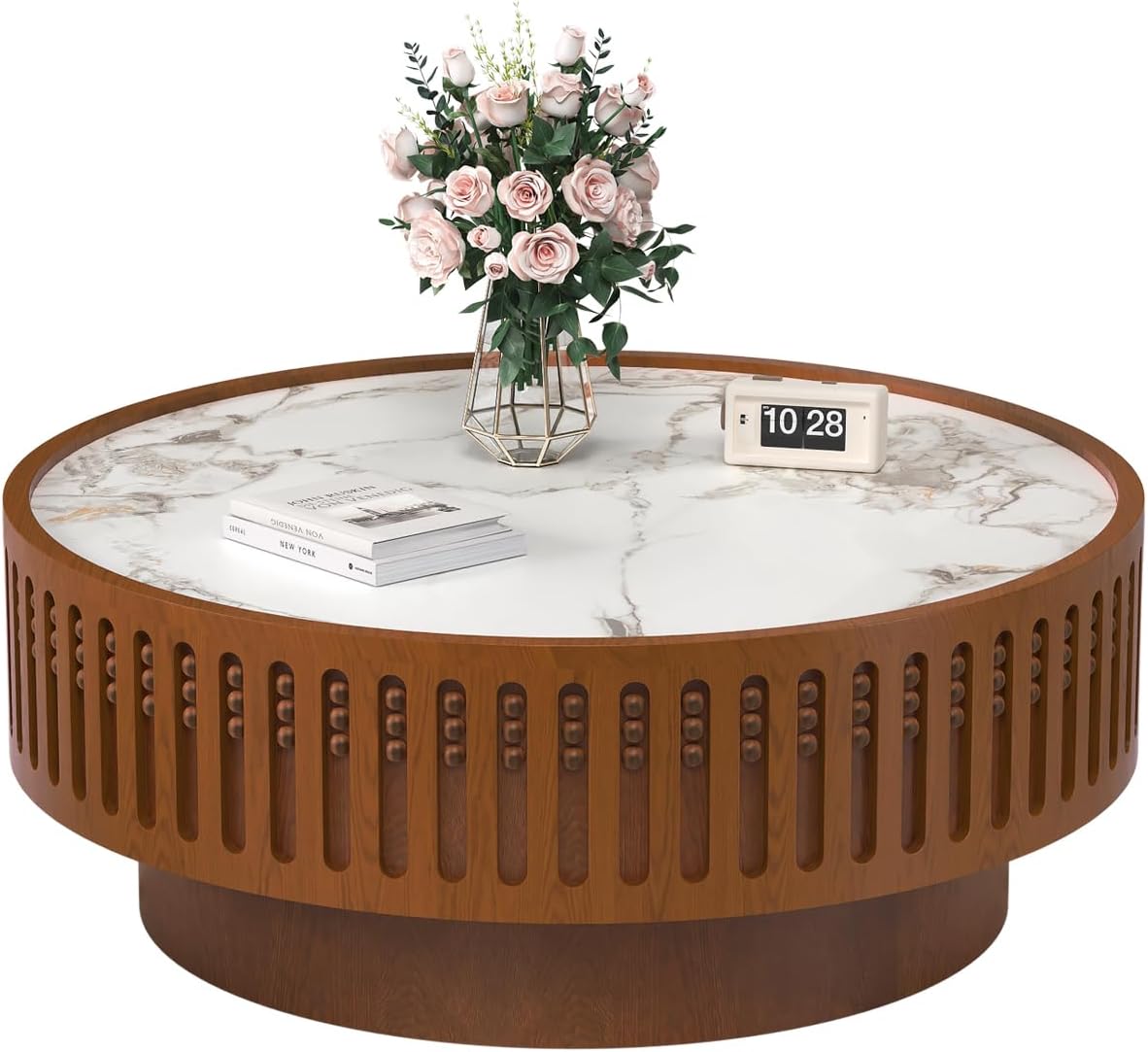 35.43' Round Coffee Table with Sintered Stone Tabletop, Modern Drum Fluted Center Table, Unique Circle Wood Coffee Table for Living Room Small Spaces (Walnut, 35.43' Sintered Stone Tabletop)