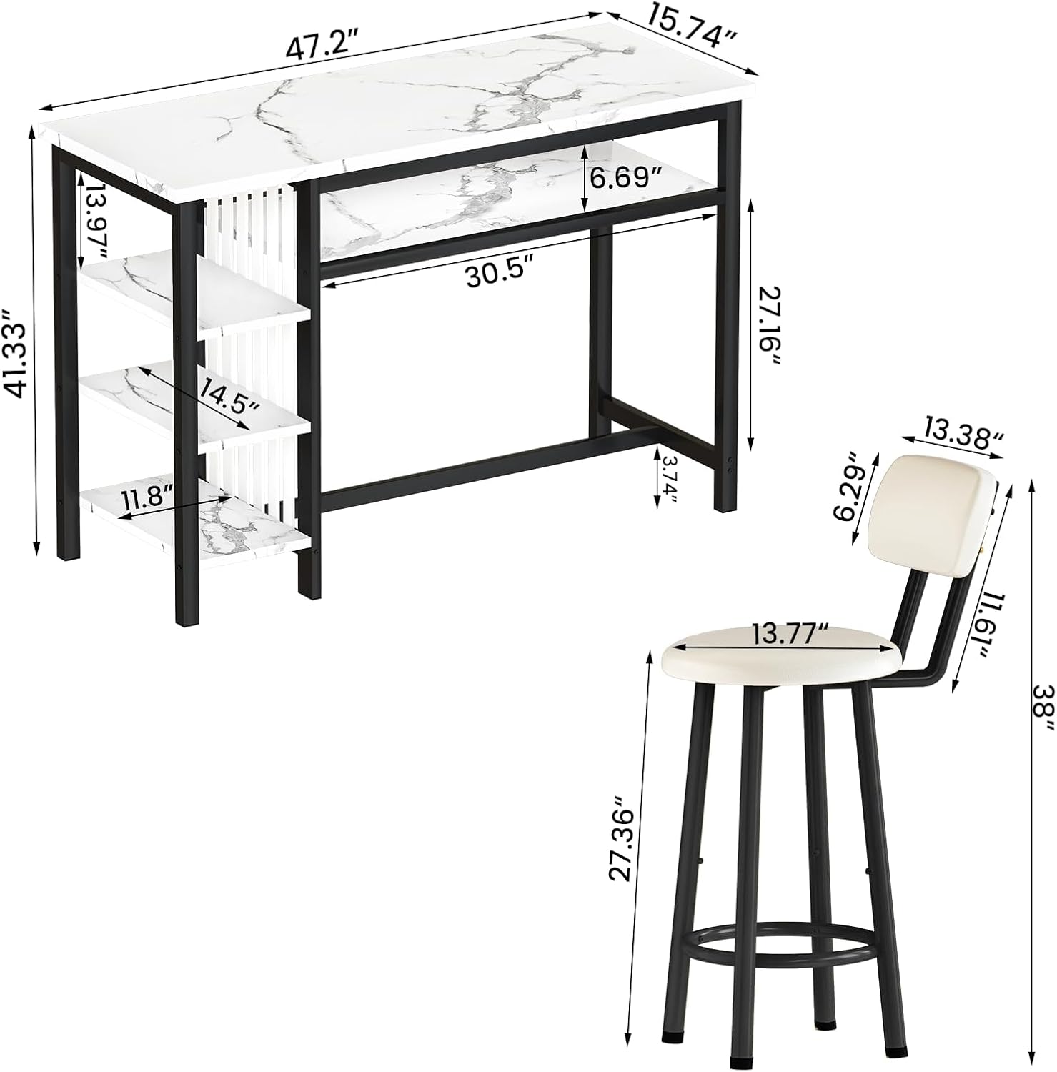 AWQM 3-Piece Bar Table and Chairs Set, Modern White Faux Marble Table with 2 PU Cushion Bar Stools, Kitchen Counter with 3 Tier Storage Shelves, Space Saving Table for Home & Kitchen, Black Frame