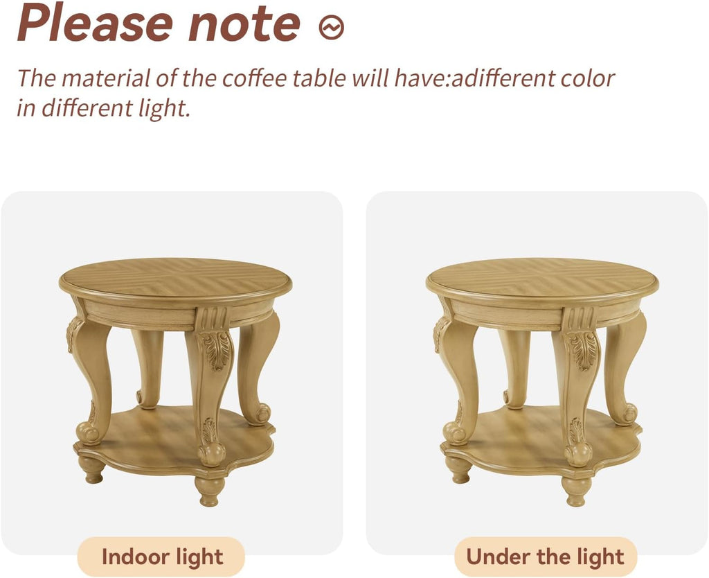 LKTART Round End Tables for Living Room, Vintage Side Table for Small Spaces, Victorian Wooden End Table with Carved Wood Legs, Antique Natural