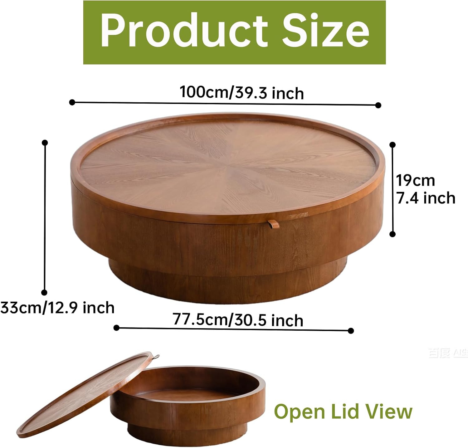Round Wood Veneer Coffee Table with Storage, 39' Round Fluted Coffee Table with Flip-Top Lid Mid Century Modern Low Circle Drum Coffee Tables for Living Room (Brown A, 39 inch)
