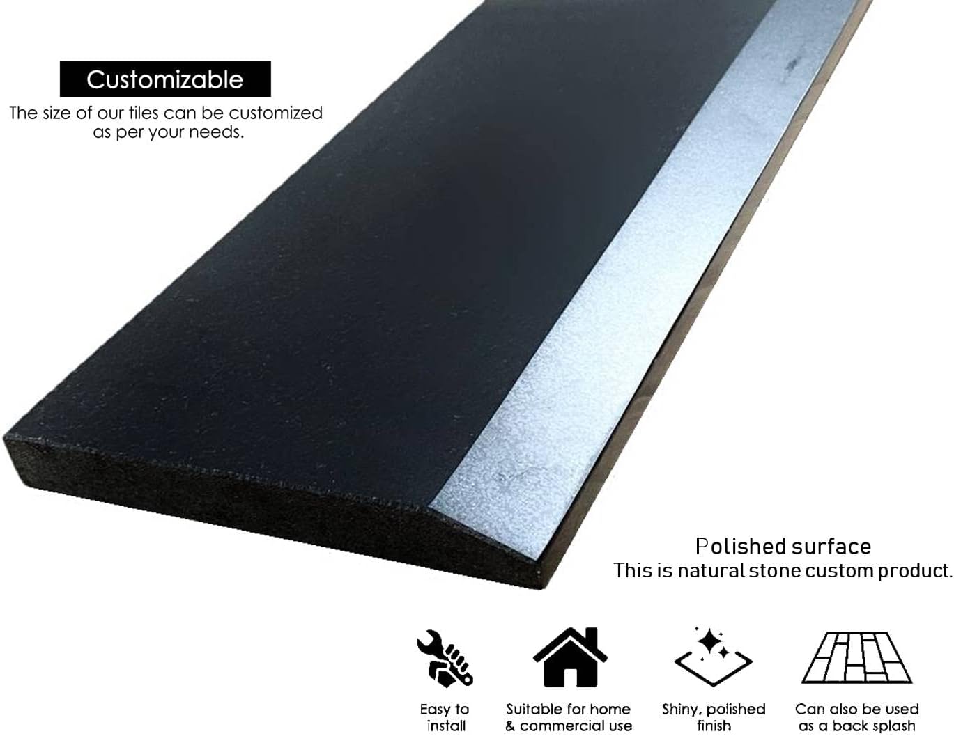 Tenedos Single Hollywood One High Beveled Absolute Black Marble Granite Doorway Floor Threshold Tile (Marble Saddle) Polished, Maintenance Free, Stain Resistant - (6' x 36')