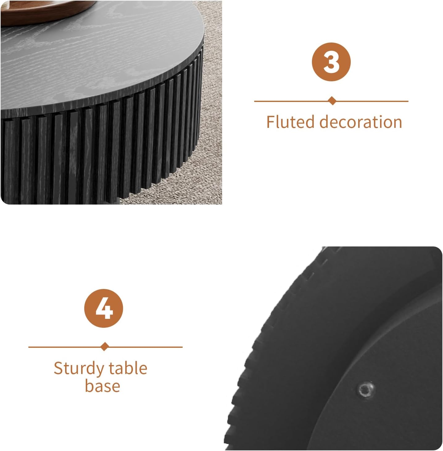 31.5'' Round Coffee Table for Living Room, Fluted Coffee Table with Hidden Storage, Solid Wood Veneered Circle Table, Modern Tea Table for Small Space Apartment (Black)