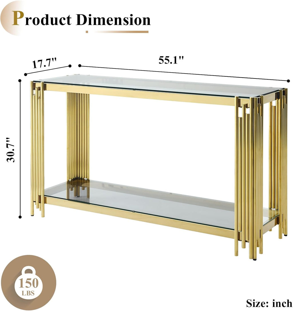 Modern Gold Glass Console Table, Luxury 55' Rectangular Sofa Table with Stainless Steel Frame, 2-Tier Console Entryway Table with Storage for Living Room Entrance Hallway