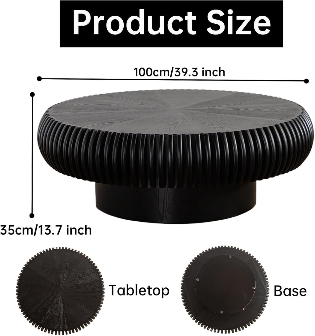 Round Coffee Table for Living Room Modern Black Fluted Coffee Table Round Drum Coffee Tables Low Circle Pedestal Center Table for Small Spaces (A Black, 39.3 in)