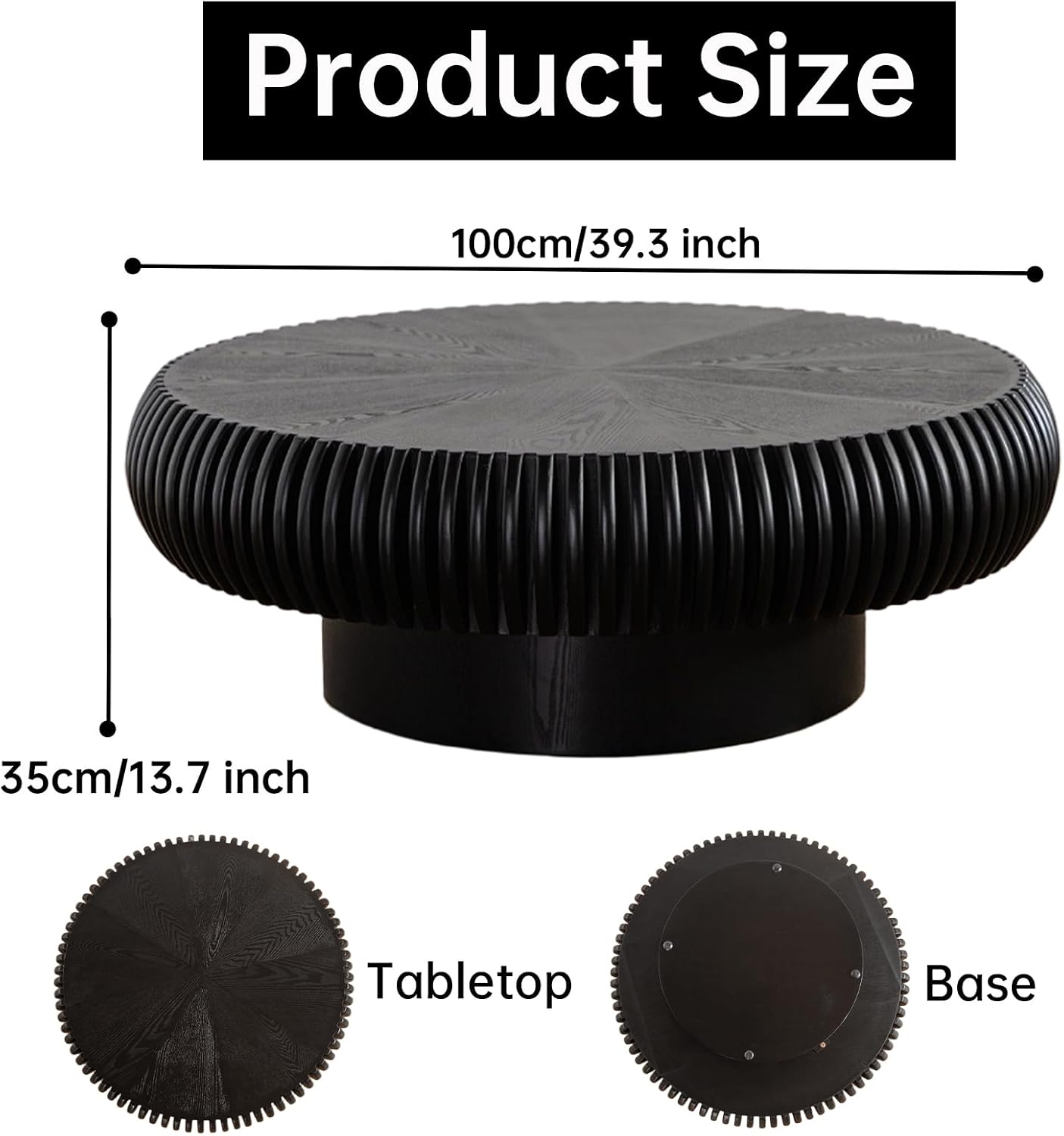 Round Coffee Table for Living Room Modern Black Fluted Coffee Table Round Drum Coffee Tables Low Circle Pedestal Center Table for Small Spaces (A Black, 39.3 in)