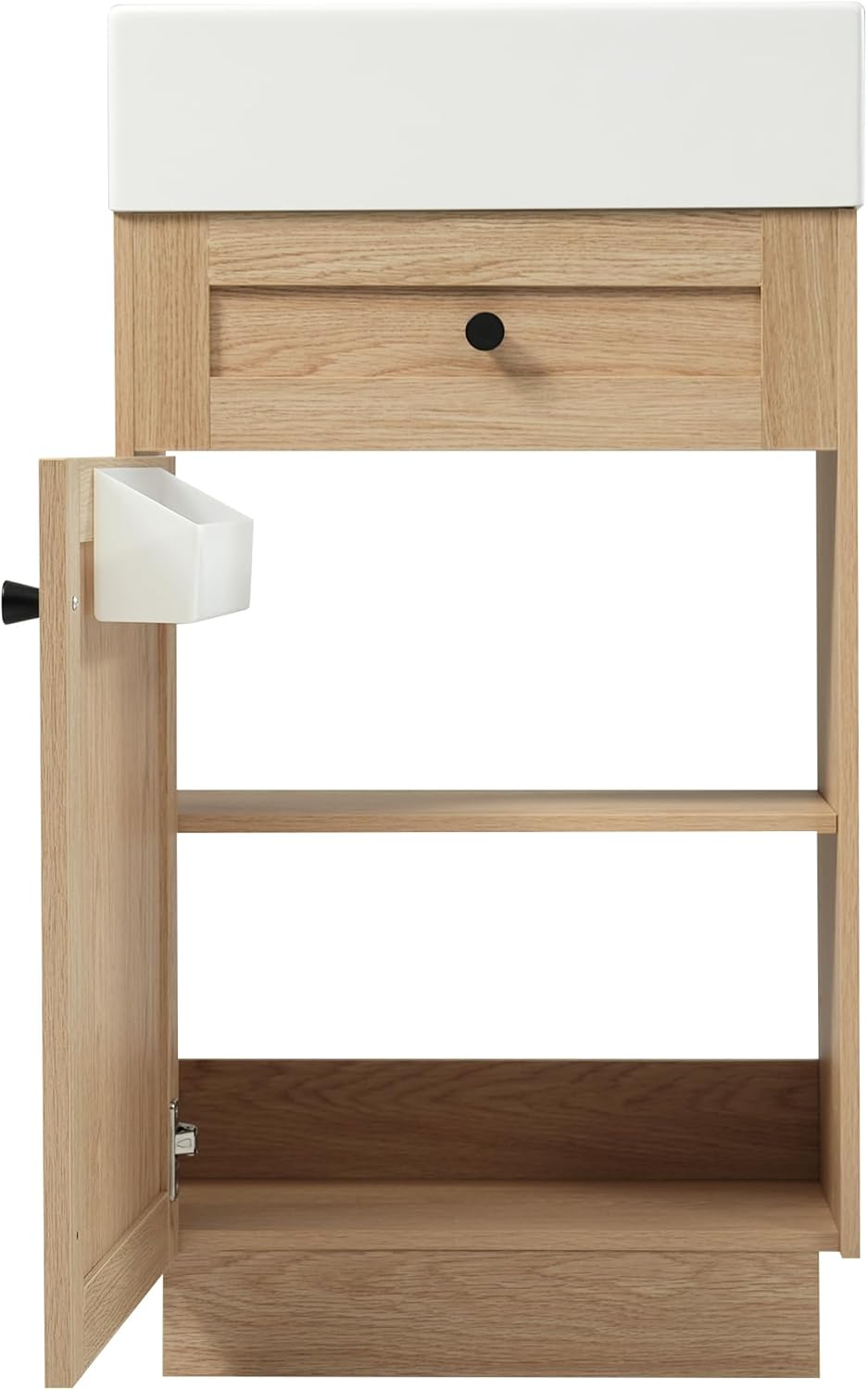 18.5' Bathroom Vanity with Reversible Resin Sink, MDF Cabinet with Adjustable Shelf & Elegant Zinc Alloy Handles, Wood Grain Melamine Finish, Rustic Style for Small Spaces