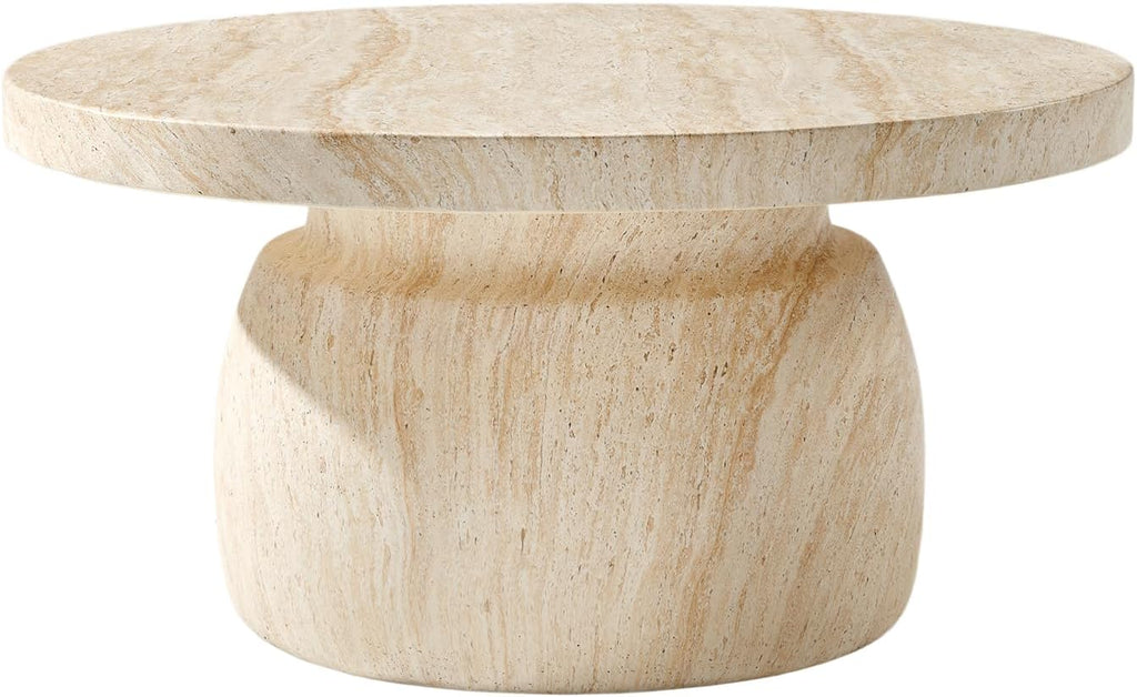 HULALA HOME Modern Marble Coffee Table, 31.5 Inch Round Coffee Table with Marble Concrete Base, for Living Room, with Tabletop, Easy Assembly, Natural