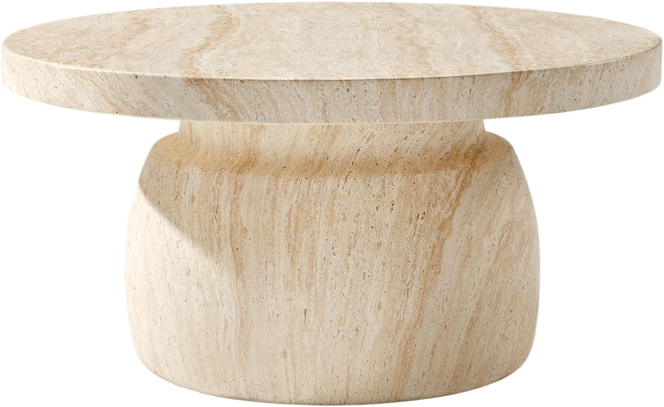 HULALA HOME Modern Marble Coffee Table, 31.5 Inch Round Coffee Table with Marble Concrete Base, for Living Room, with Tabletop, Easy Assembly, Natural
