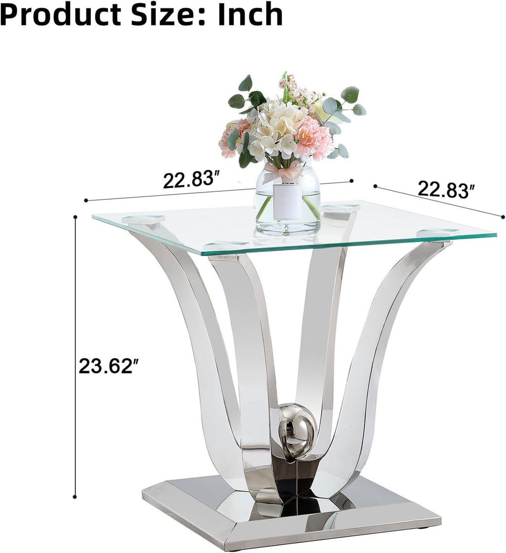 Modern Glass End Table Small Side Table with Silver Gorgeous Stainless Steel Base Square Glass Nightstand End Table Small Bedside Table Couch Sofa Table for Living Room Bedroom