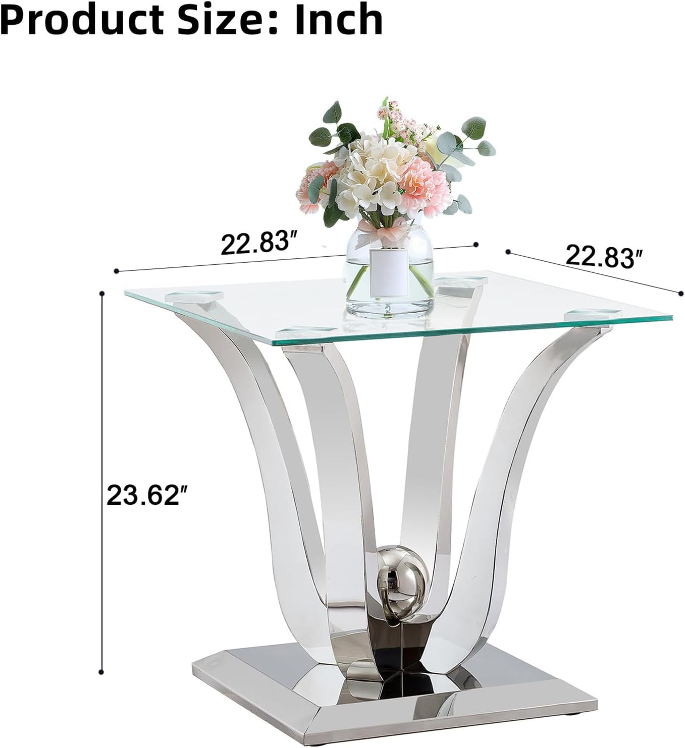 Modern Glass End Table Small Side Table with Silver Gorgeous Stainless Steel Base Square Glass Nightstand End Table Small Bedside Table Couch Sofa Table for Living Room Bedroom