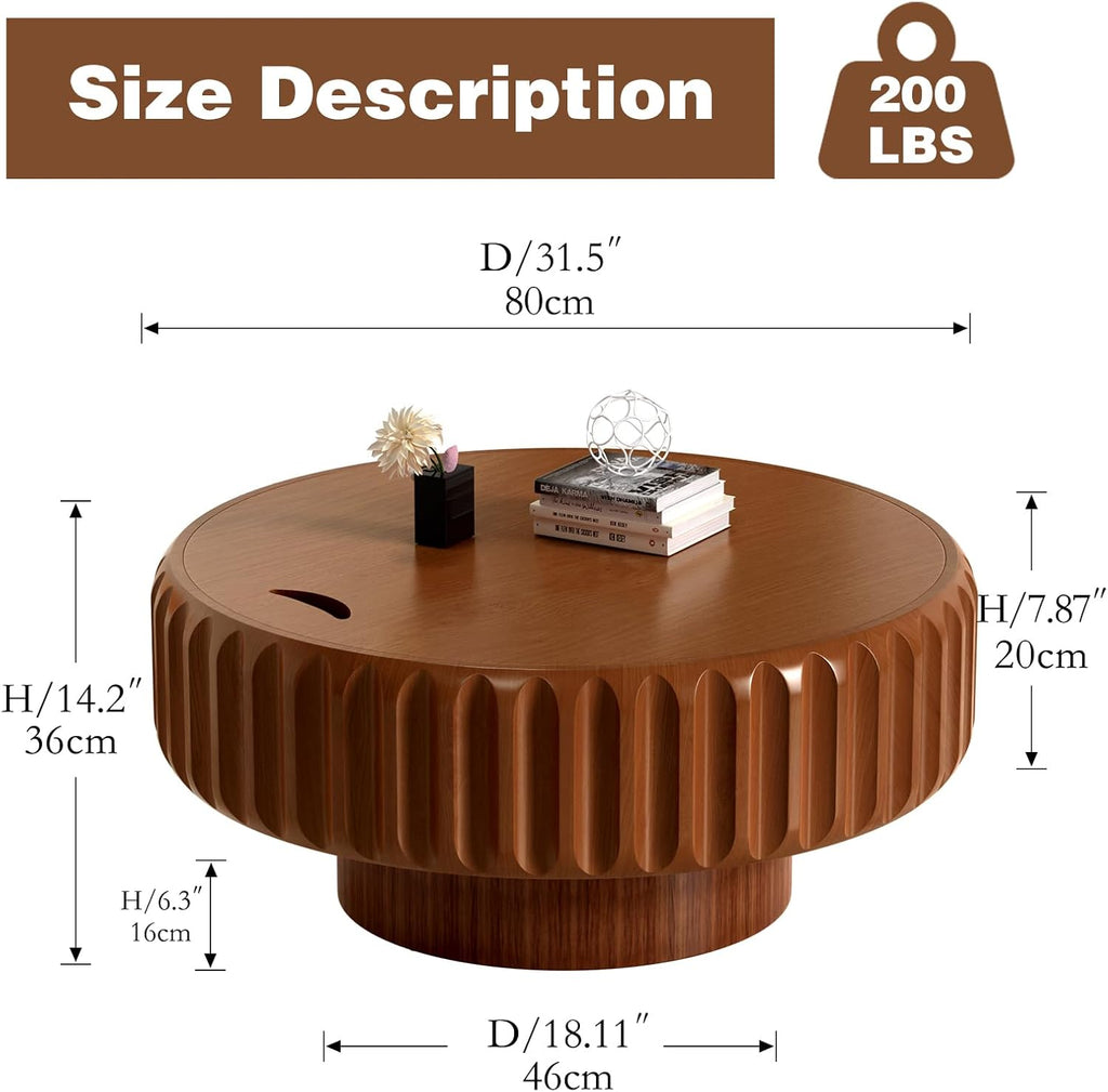 Round Drum Coffee Table White Fluted Coffee Table Circle Center Table Pedestal End Table for Apartment (31.5in)