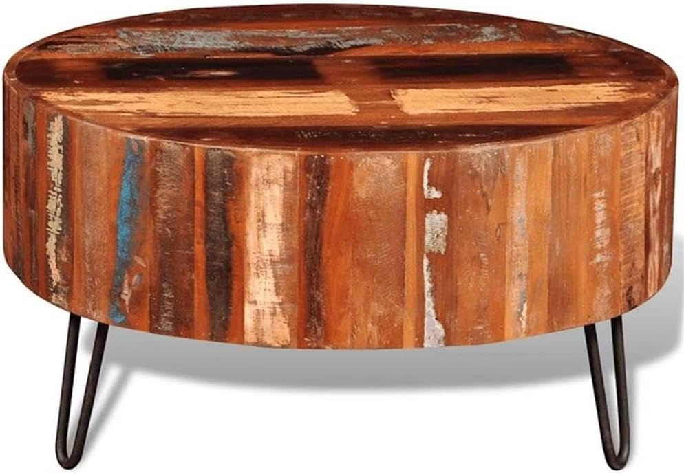 BOWERY HILL 27.6' Round Coffee Table, Solid Reclaimed Wood, Multicolor Finish, Handcrafted Rustic Design, Compact Living Room Accent Table, Durable Polished Surface for Drinks and Decor