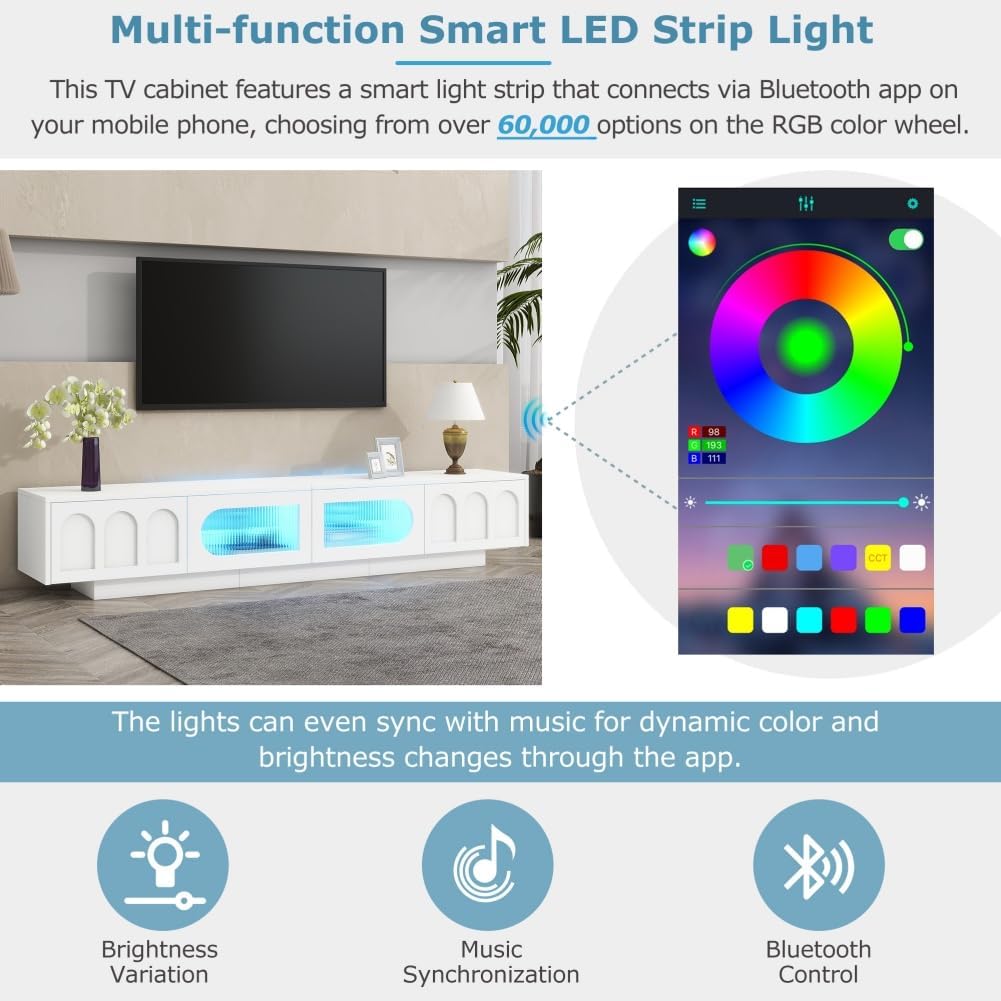 86.6' LED TV Stand with Fluted Tempered Glass Doors for TVs Up to 95'', Functional Media Console Entertainment Center with Arched Cabinet Doors (White)