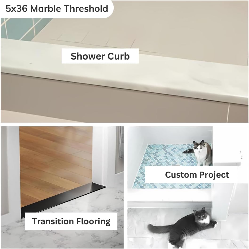 Tenedos 5x36 Engineered Marble Threshold Saddle Beveled Edges Polished Tile for Doorway Shower Curb Bathroom Flooring (Pure White)
