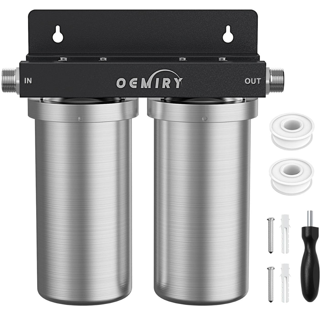 Whole House Water Filter, Stainless Steel Filter Housing, 2-Stage 10'x4.5' Sediment Carbon Filter Pre-Filtration System for Well or City Water, 1' or 3/4' NPT Port, 2 Filters