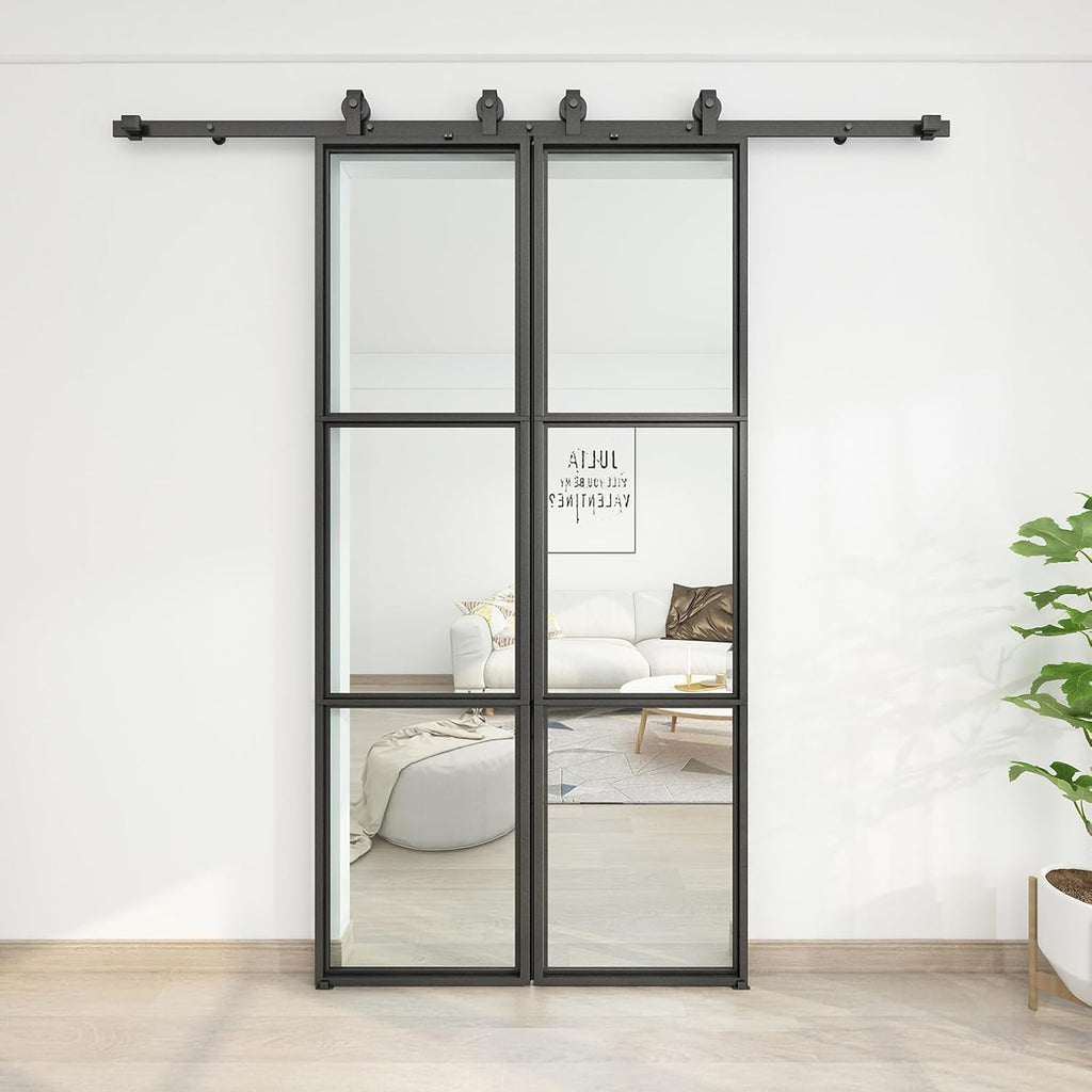 JUBEST 42 x 84 Inch Double Barn Door with 7FT Hardware Kit and Soft Close Mechanism Include, 2 Sets of 21in x 84in 3-Paneled Clear Glass with Carbon Steel Frame Barn Door, Easy to Install